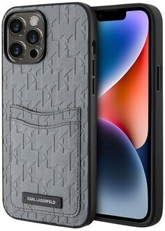 Lagerfeld для iPhone 14 Pro Max чехол PU Saffiano Monogram Metal logo Hard Grey