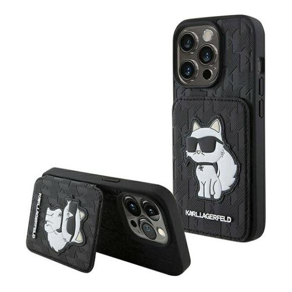 Lagerfeld для iPhone 15 Pro чехол Cardslot Stand PU Saffiano Monogram NFT Choupette Hard Black